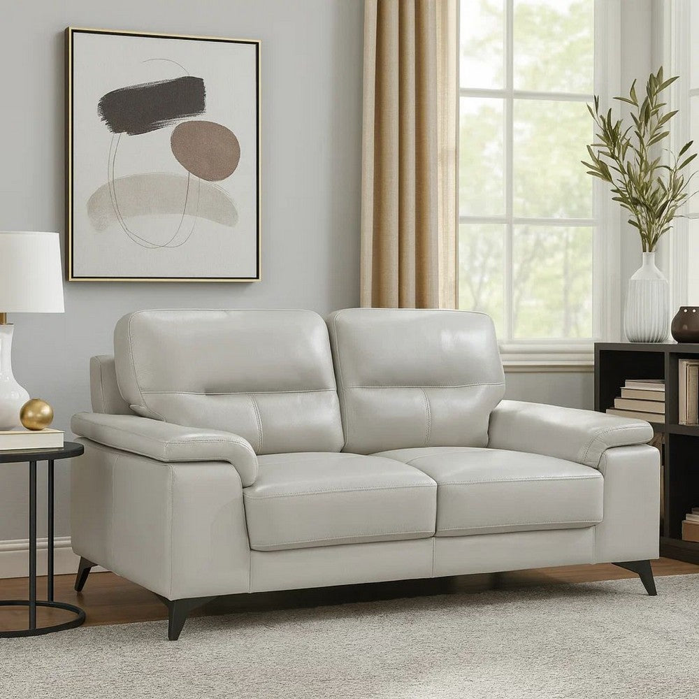 Mica 67 Inch Loveseat, Light Gray Top Grain and Faux Leather, Metal Legs By Casagear Home