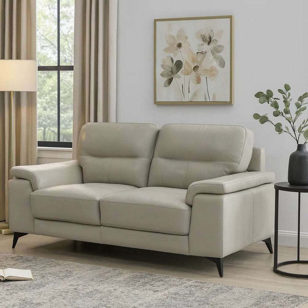 Mica 67 Inch Loveseat, Light Gray Top Grain and Faux Leather, Metal Legs By Casagear Home