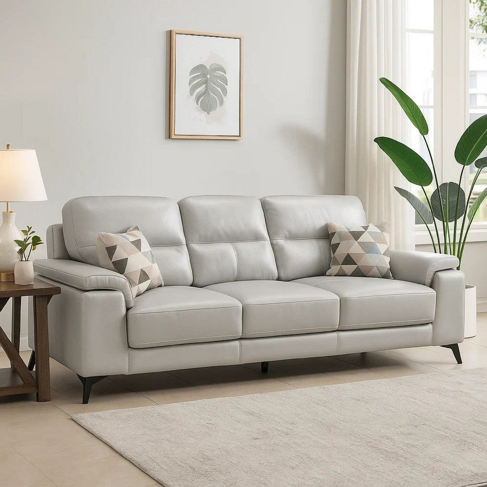 Mica 89 Inch Sofa, Light Gray Top Grain and Faux Leather, Black Metal Legs By Casagear Home