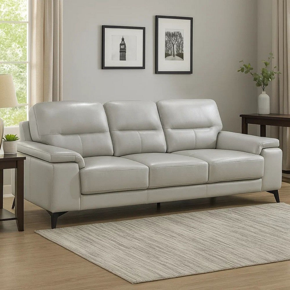 Mica 89 Inch Sofa, Light Gray Top Grain and Faux Leather, Black Metal Legs By Casagear Home