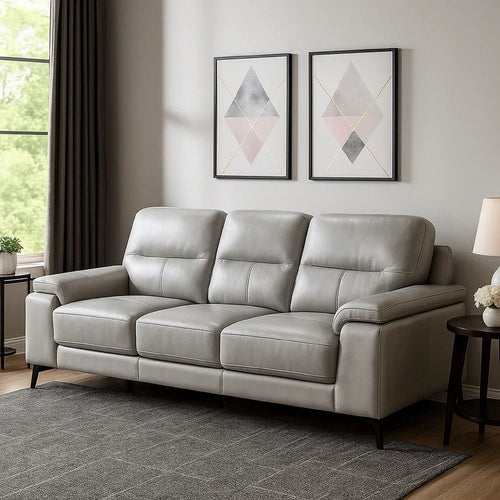 Mica 89 Inch Sofa, Light Gray Top Grain and Faux Leather, Black Metal Legs By Casagear Home