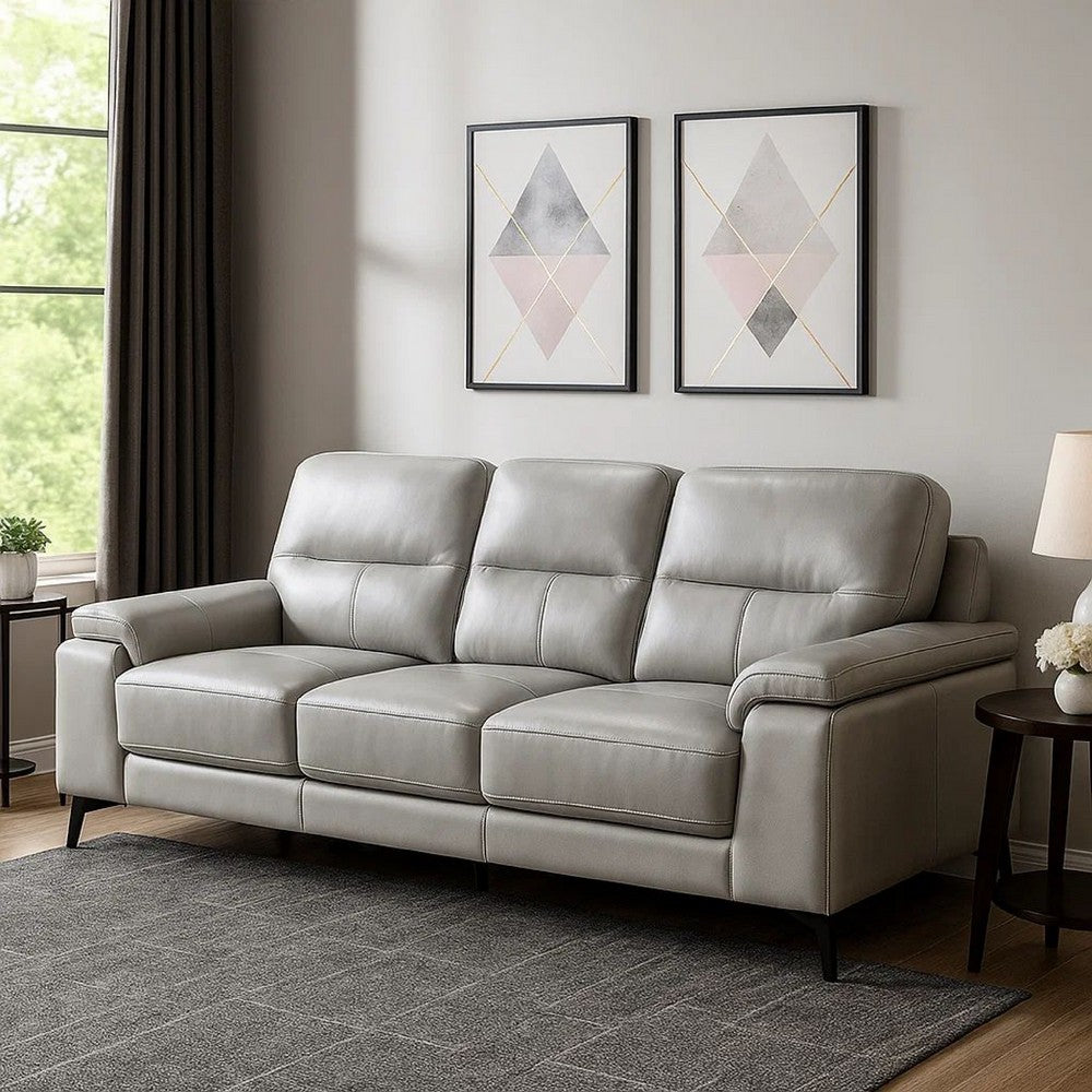 Mica 89 Inch Sofa, Light Gray Top Grain and Faux Leather, Black Metal Legs By Casagear Home
