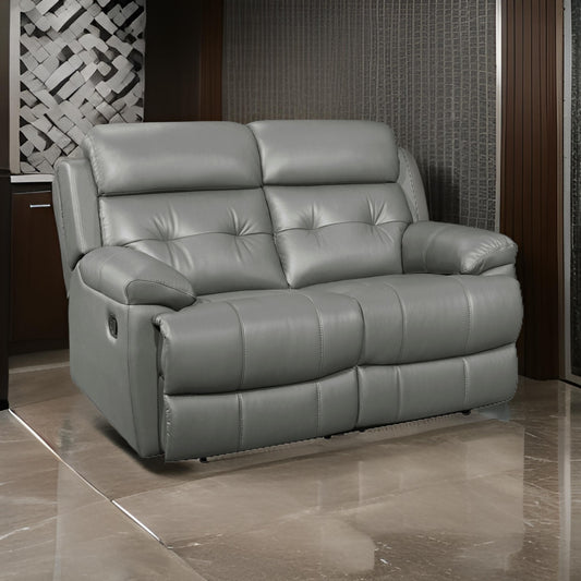 Logan 62 Inch Dual Manual Recliner Loveseat, Light Gray Leather, Solid Wood By Casagear Home