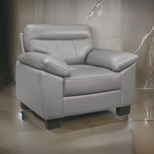 Danny 36 Inch Accent Chair, Light Gray Top Grain and Faux Leather, Wood By Casagear Home