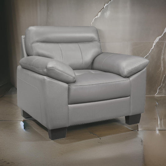 Danny 36 Inch Accent Chair, Light Gray Top Grain and Faux Leather, Wood By Casagear Home