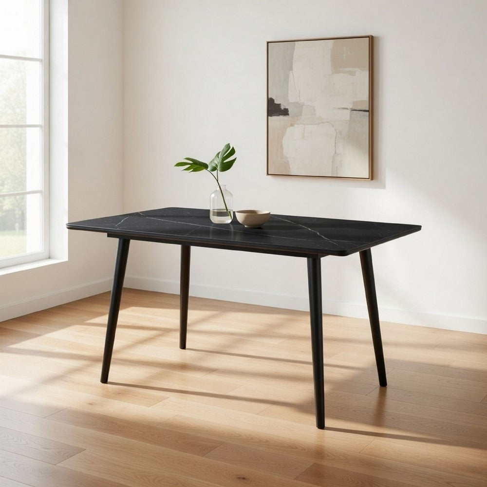 Aikya 60 Inch Dining Table, Black Sintered Stone, Tapered Metal Legs By Casagear Home