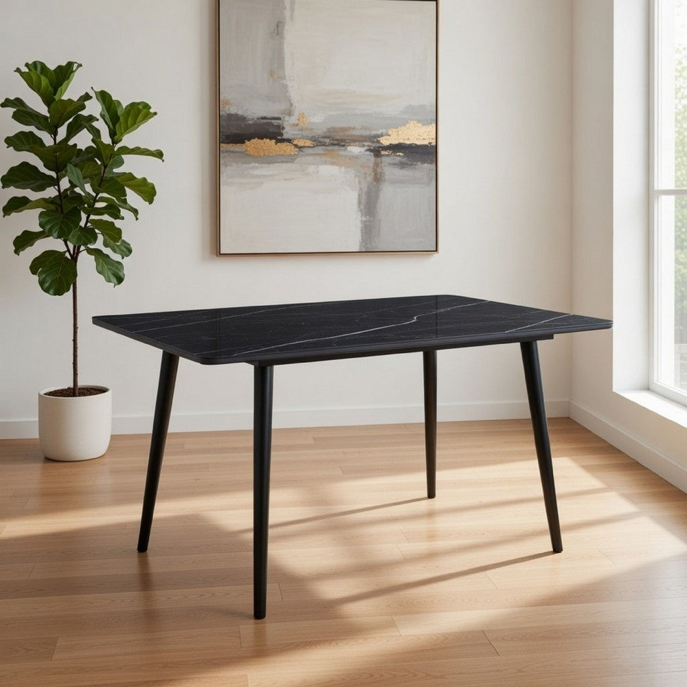 Aikya 60 Inch Dining Table, Black Sintered Stone, Tapered Metal Legs By Casagear Home
