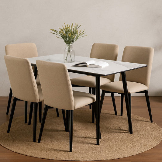 Aikya 60 Inch Dining Table, White Sintered Stone, Tapered Metal Legs By Casagear Home