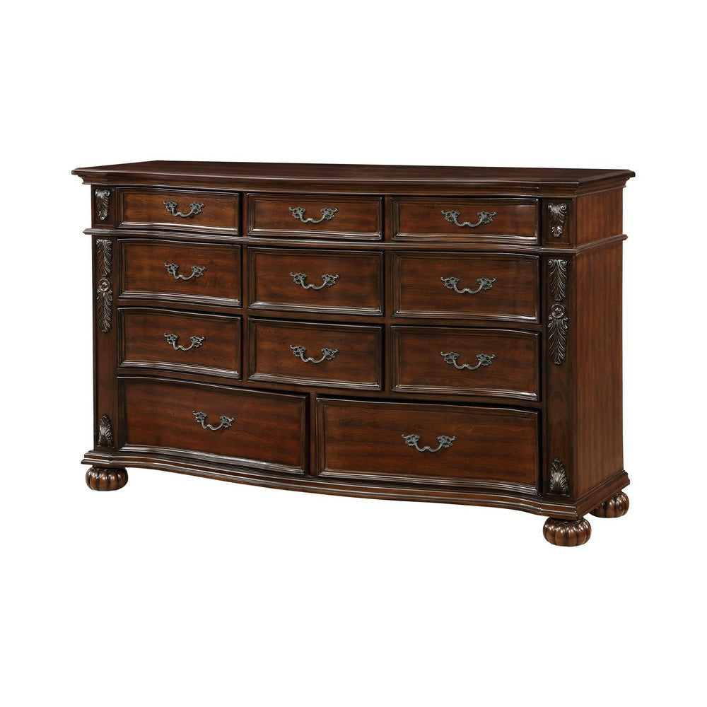 Nami 66 Inch Dresser 11 Dovetail Drawers Metal Handles Cherry Brown Wood By Casagear Home BM316803