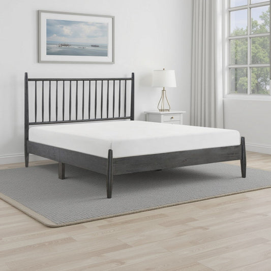 Lika Full Platform Bed, Vertical Slatted Headboard, Charcoal Gray Wood By Casagear Home
