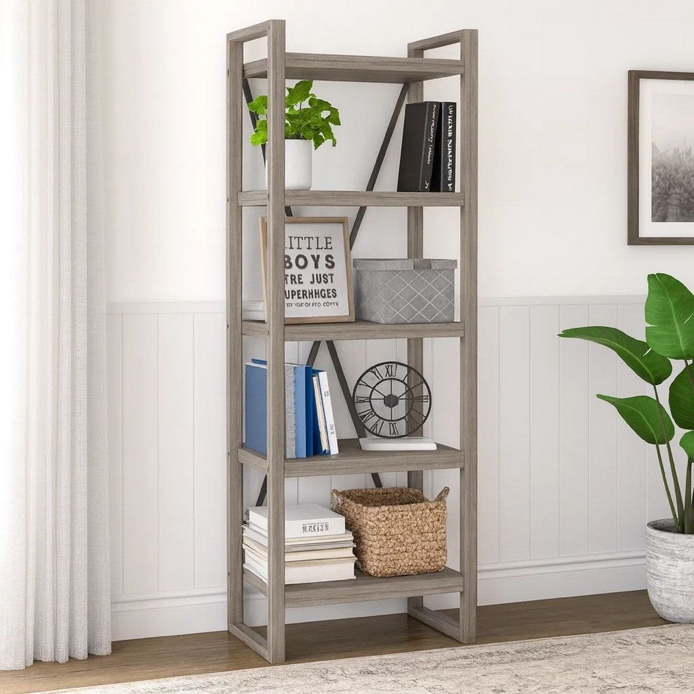 Rie 77 Inch Bookshelf, 4 Tiers , Metal X Shaped Support, Rustic Gray Wood By Casagear Home