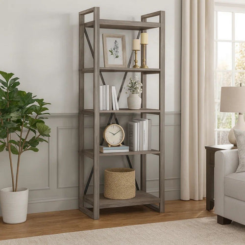Rie 77 Inch Bookshelf, 4 Tiers , Metal X Shaped Support, Rustic Gray Wood By Casagear Home