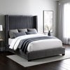 Leny Full Size Bed, Dark Gray Velvet Upholstery, Tall Shelter Headboard By Casagear Home