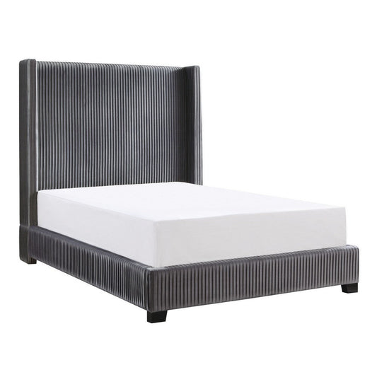 Leny King Size Bed, Dark Gray Velvet Upholstery, Tall Shelter Headboard By Casagear Home