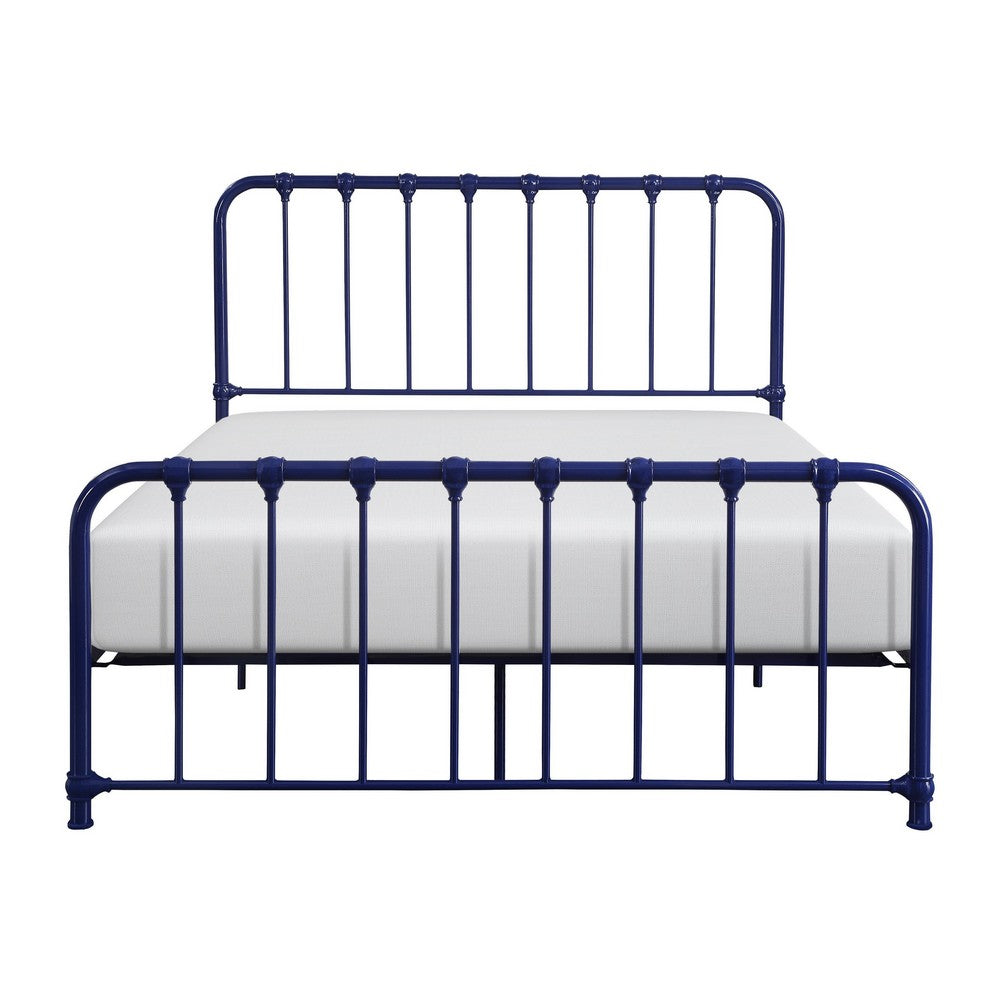 Ethan Full Size Metal Bed, Blue Spindle Design, Heavy Duty Slat Support By Casagear Home