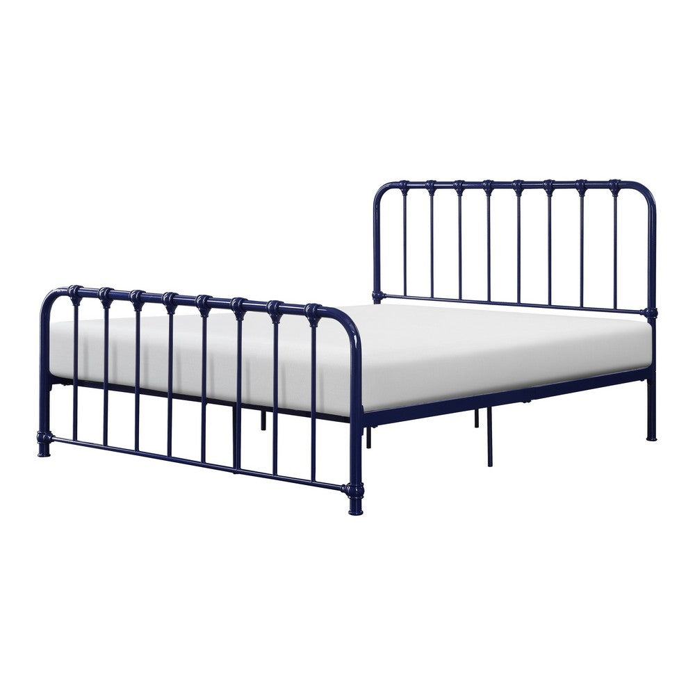 Ethan Full Size Metal Bed, Blue Spindle Design, Heavy Duty Slat Support By Casagear Home