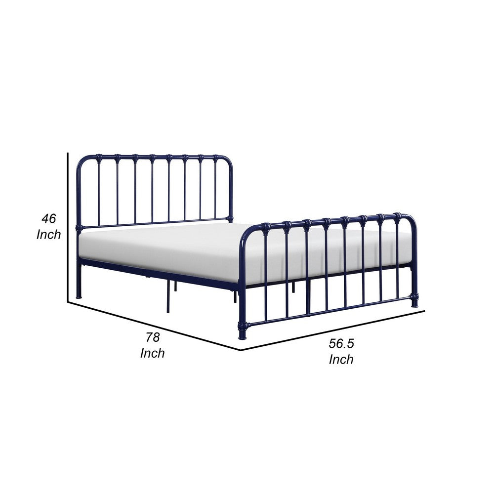 Ethan Full Size Metal Bed, Blue Spindle Design, Heavy Duty Slat Support By Casagear Home