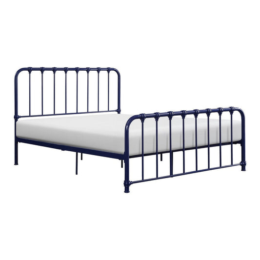 Ethan Full Size Metal Bed, Blue Spindle Design, Heavy Duty Slat Support By Casagear Home