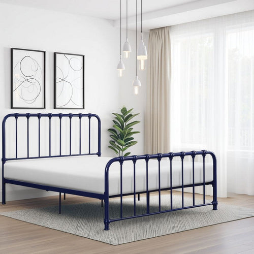 Ethan Twin Size Metal Bed, Blue Spindle Design, Heavy Duty Slat Support By Casagear Home