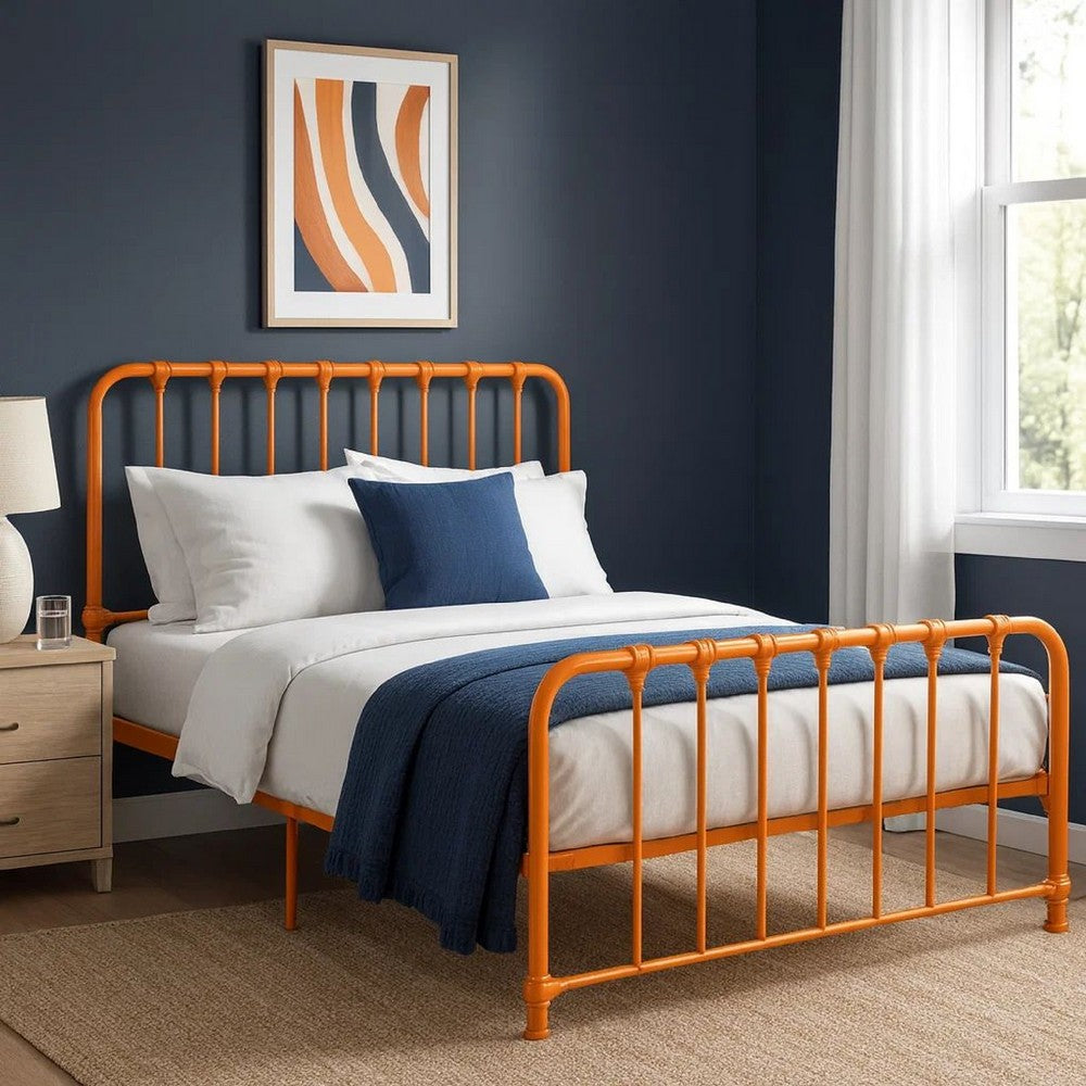 Ethan Full Size Metal Bed, Orange Spindle Design, Heavy Duty Slat Support By Casagear Home