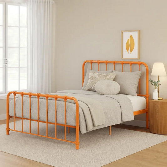 Ethan Full Size Metal Bed, Orange Spindle Design, Heavy Duty Slat Support By Casagear Home