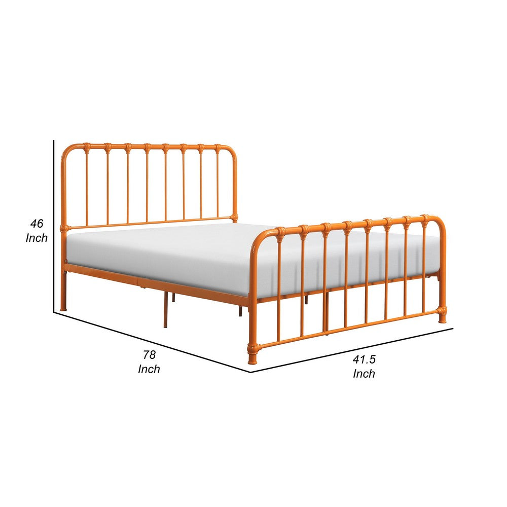 Ethan Twin Size Metal Bed, Orange Spindle Design, Heavy Duty Slat Support By Casagear Home