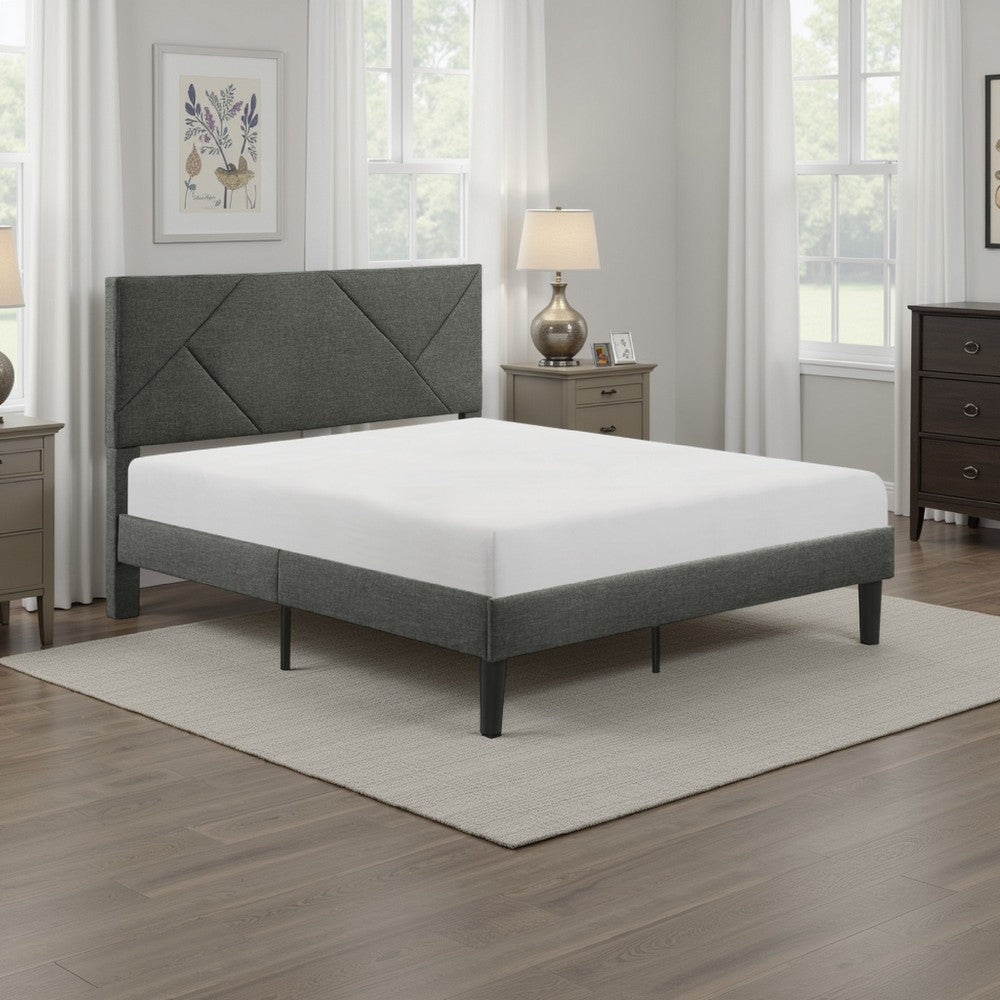 Heny Full Platform Bed, Wood, Panel Headboard, Gray Polyester Upholstery By Casagear Home