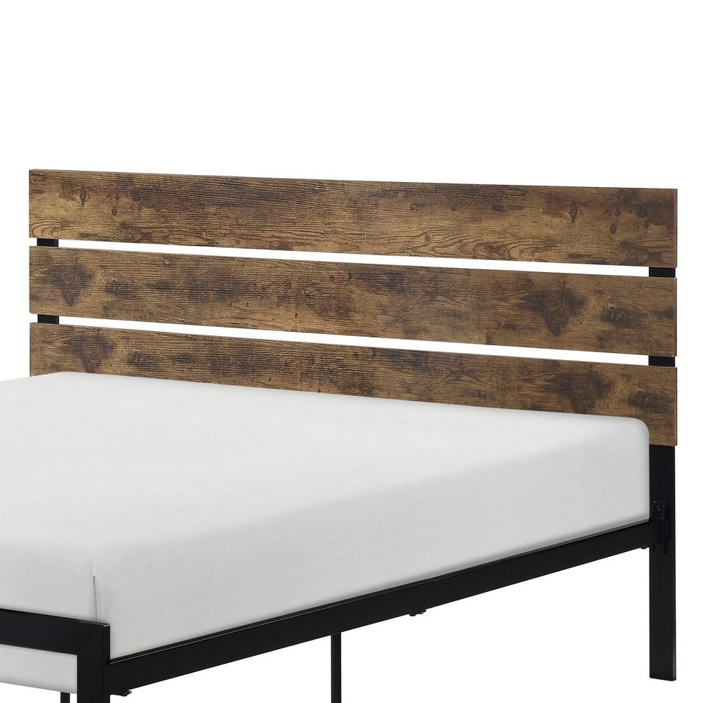 Mars Full Platform Bed, Brown Faux Wood Slat Headboard, Black Metal Frame By Casagear Home