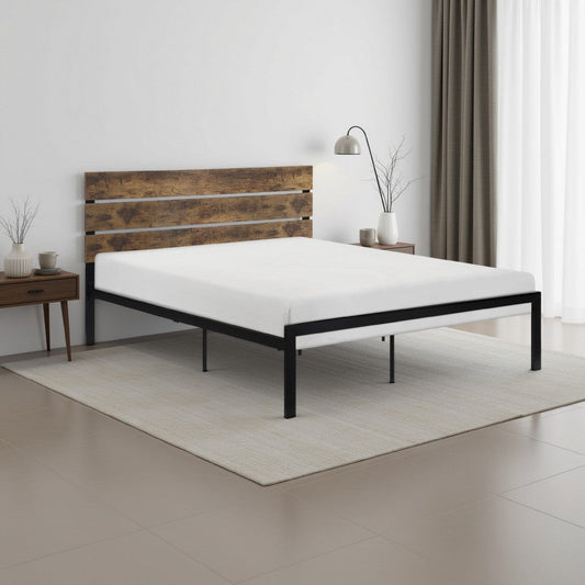 Mars Twin Platform Bed, Brown Faux Wood Slat Headboard, Black Metal Frame By Casagear Home