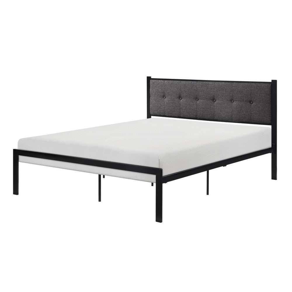 Sam Full Platform Bed, Button Black Tufted Polyester Upholstery Metal Frame By Casagear Home