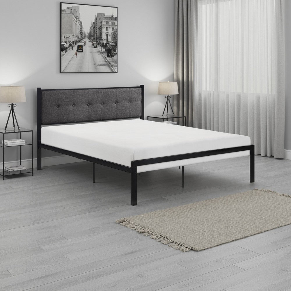 Sam Full Platform Bed, Button Black Tufted Polyester Upholstery Metal Frame By Casagear Home