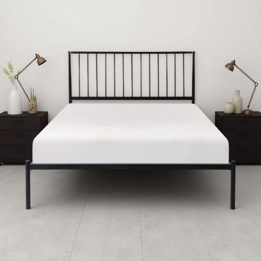 Angie Full Platform Metal Bed, Subtly Angled Slats on Headboard, Black By Casagear Home