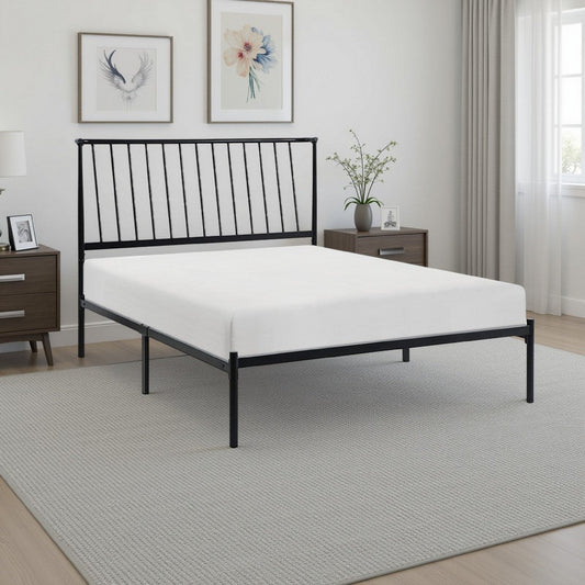 Angie King Size Platform Metal Bed, Subtly Angled Slats on Headboard, Black By Casagear Home