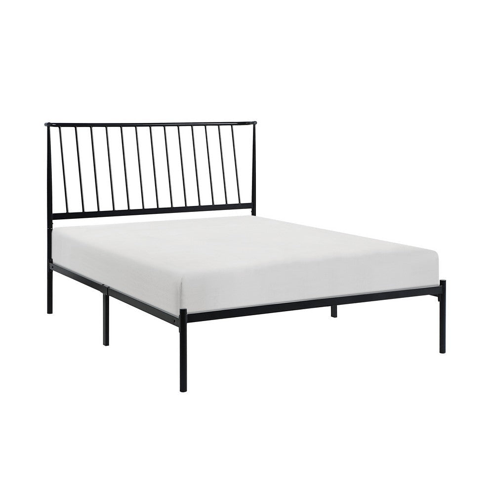 Angie King Size Platform Metal Bed, Subtly Angled Slats on Headboard, Black By Casagear Home