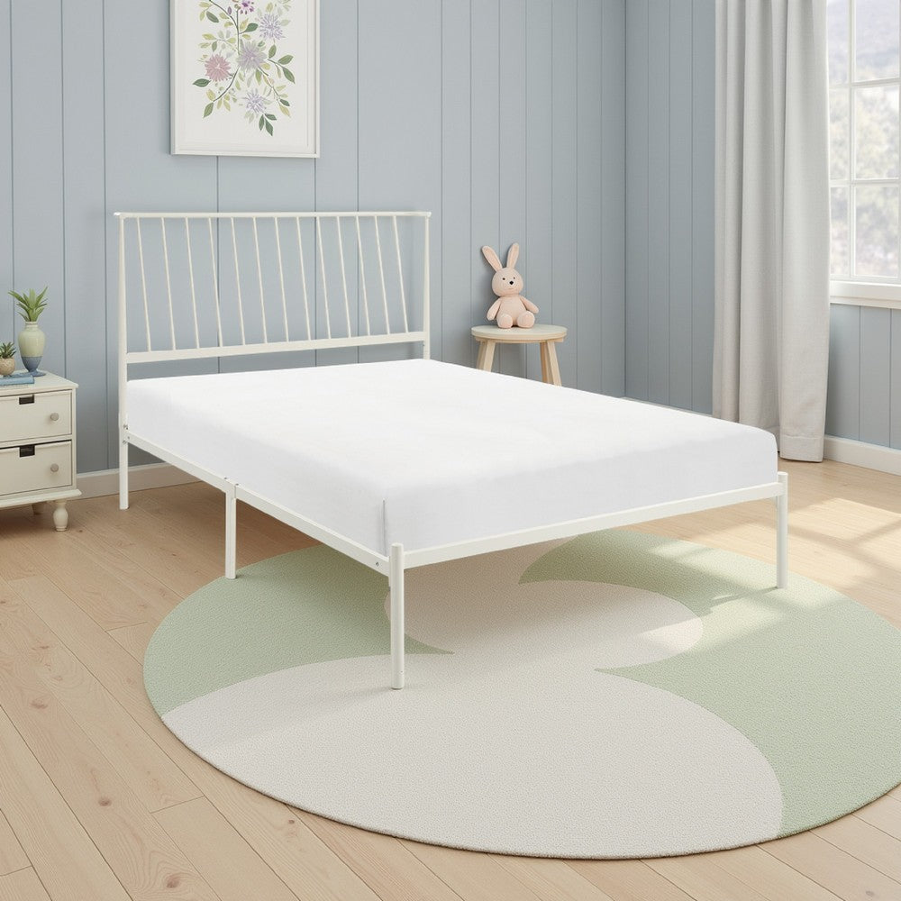 Angie Full Platform Metal Bed, Subtly Angled Slats on Headboard, White By Casagear Home