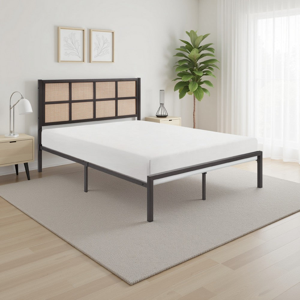 Annie King Platform Metal Bed, Brown Faux Cane Panel Headboard, Dark Bronze By Casagear Home