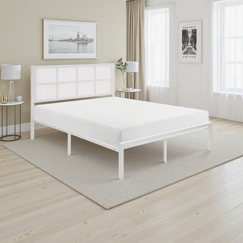 Annie Full Platform Metal Bed, White Faux Cane Panel Headboard, Low Profile By Casagear Home