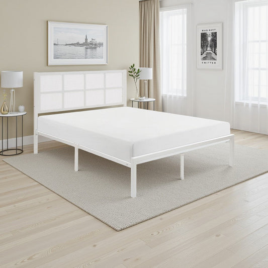 Annie Full Platform Metal Bed, White Faux Cane Panel Headboard, Low Profile By Casagear Home