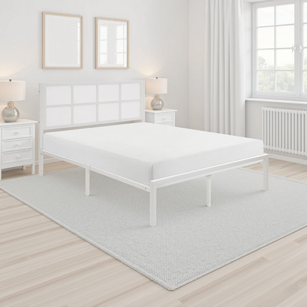 Annie King Platform Metal Bed, White Faux Cane Panel Headboard, Low Profile By Casagear Home