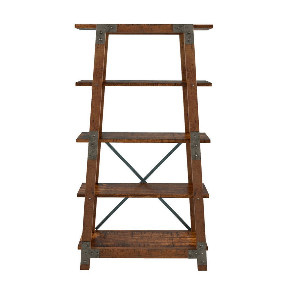 Fanny 72 Inch Bookshelf 4 Tiers Faux Rivet Details Brown Wood Frame By Casagear Home BM316857