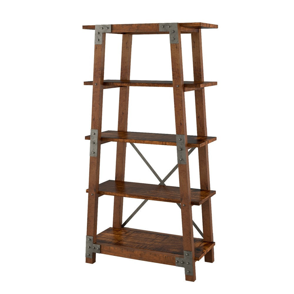 Fanny 72 Inch Bookshelf 4 Tiers Faux Rivet Details Brown Wood Frame By Casagear Home BM316857