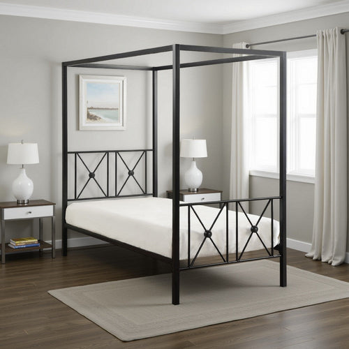 Lone Metal Canopy Bed Twin Size, Square Posts, Platform Base, Modern Black By Casagear Home