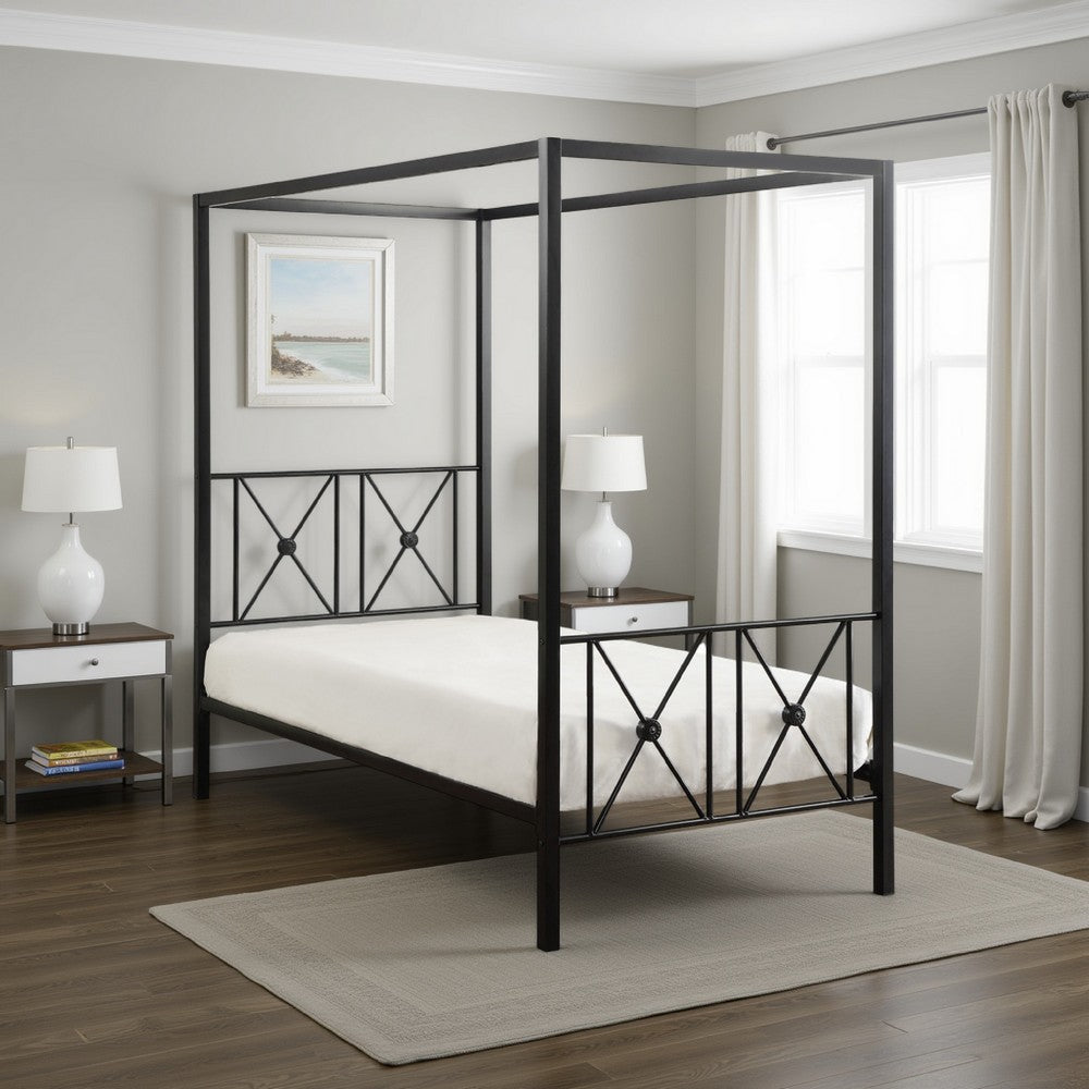 Lone Metal Canopy Bed Twin Size, Square Posts, Platform Base, Modern Black By Casagear Home