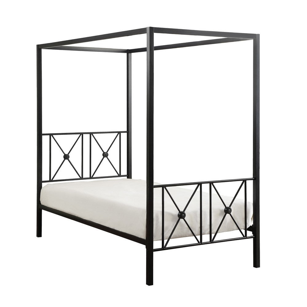 Lone Metal Canopy Bed Twin Size, Square Posts, Platform Base, Modern Black By Casagear Home