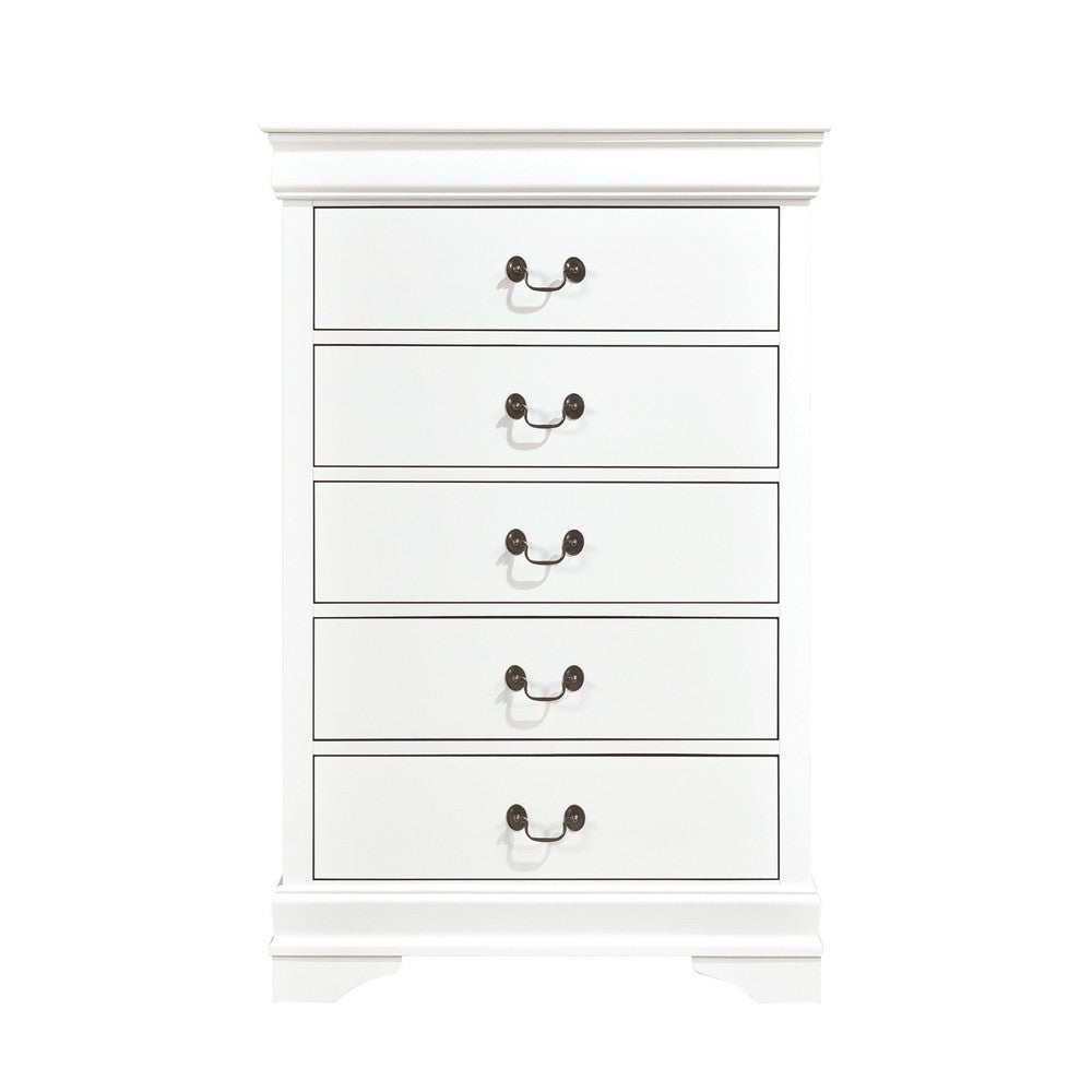 Vele 49 Inch Tall Dresser Chest, 5 Drawers, Brass Tone Metal, White Wood By Casagear Home