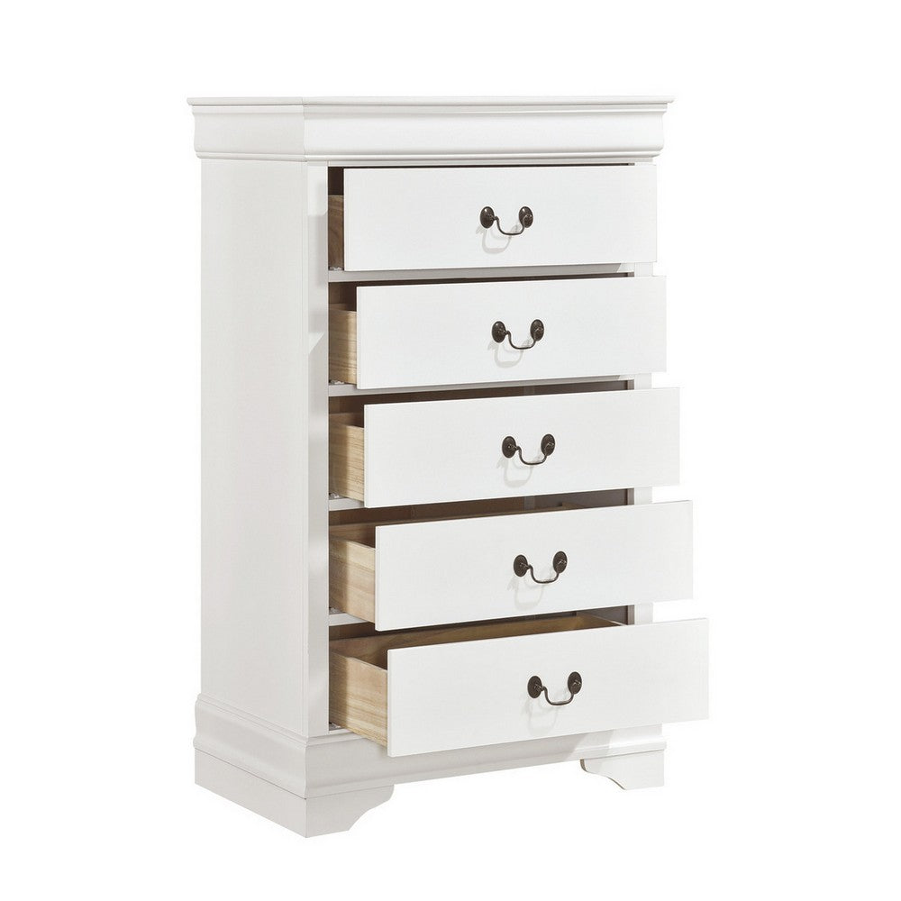 Vele 49 Inch Tall Dresser Chest, 5 Drawers, Brass Tone Metal, White Wood By Casagear Home