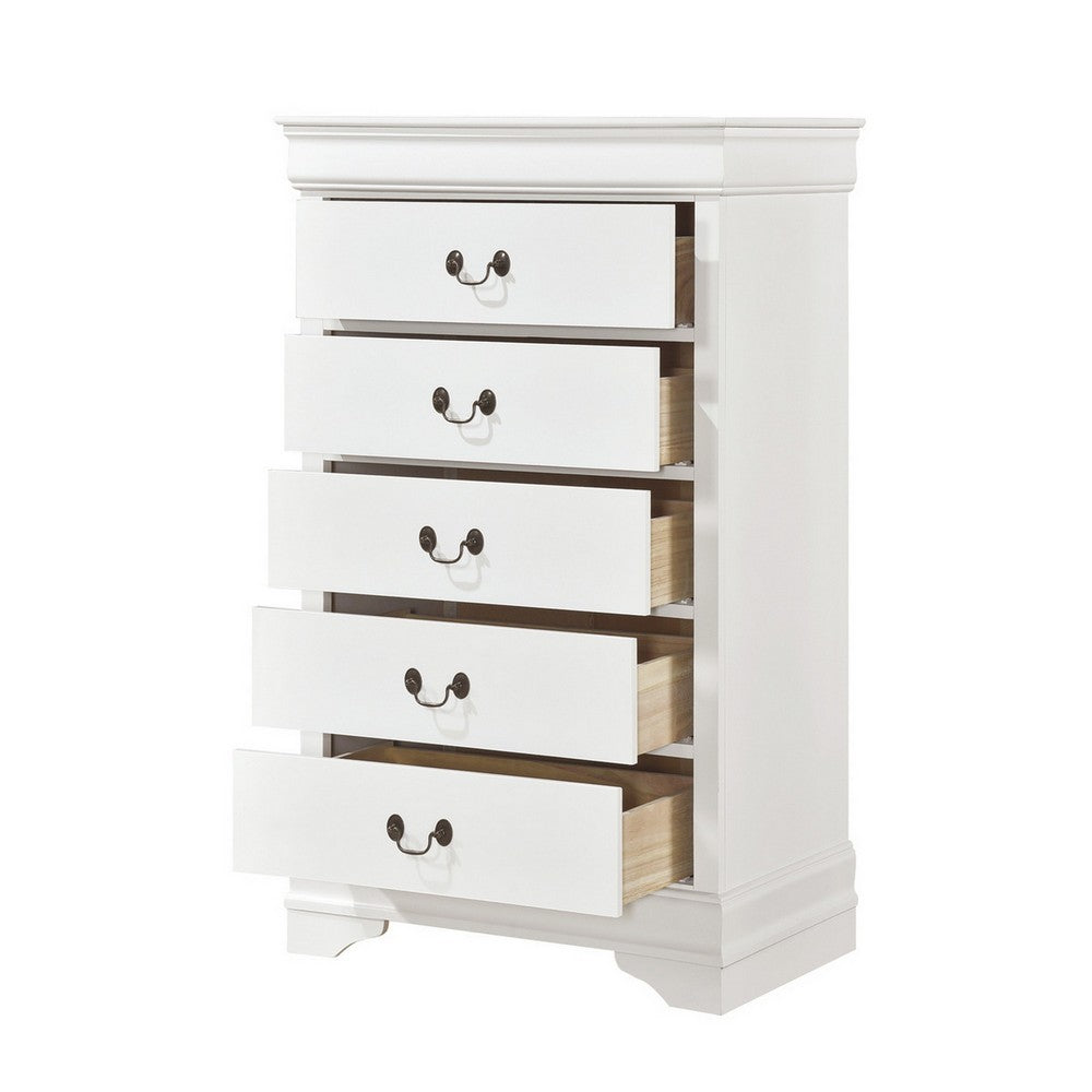Vele 49 Inch Tall Dresser Chest, 5 Drawers, Brass Tone Metal, White Wood By Casagear Home