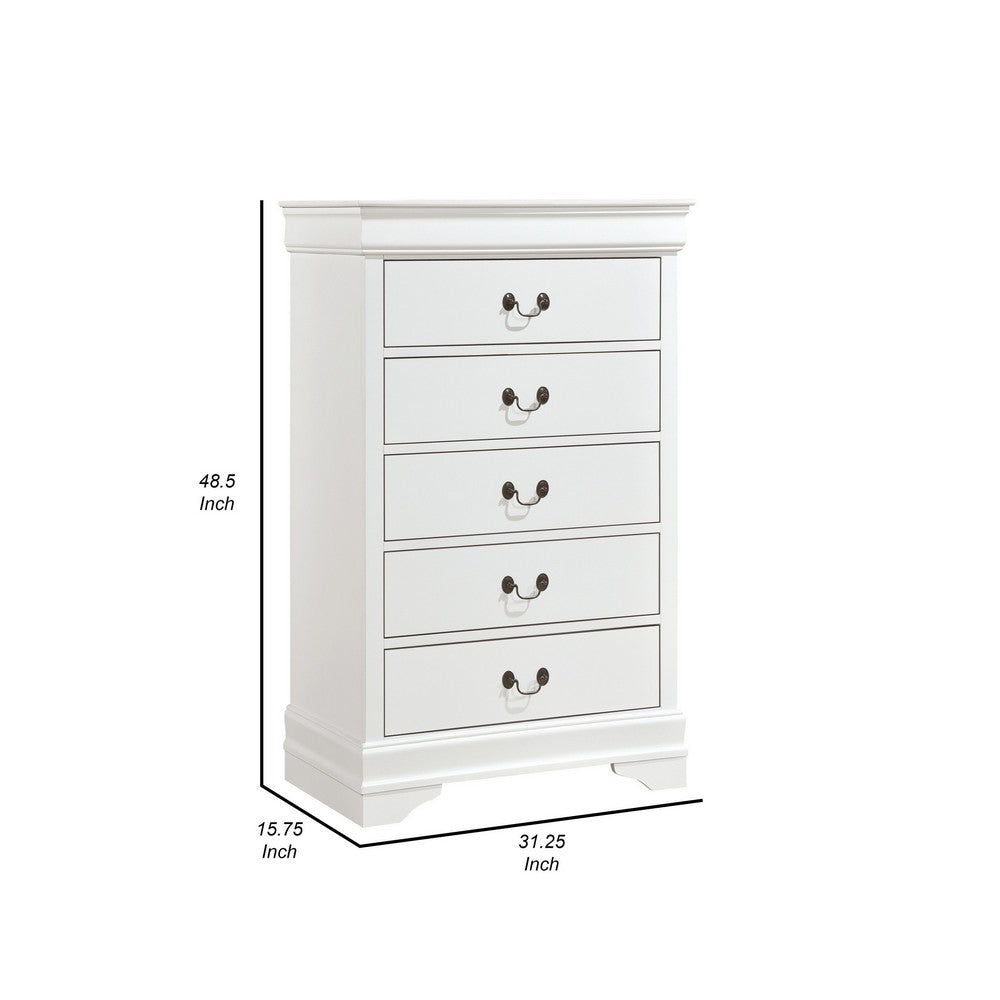 Vele 49 Inch Tall Dresser Chest, 5 Drawers, Brass Tone Metal, White Wood By Casagear Home