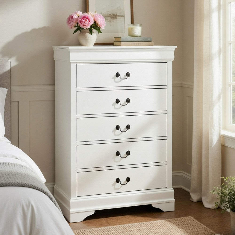 Vele 49 Inch Tall Dresser Chest, 5 Drawers, Brass Tone Metal, White Wood By Casagear Home