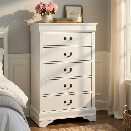 Vele 49 Inch Tall Dresser Chest, 5 Drawers, Brass Tone Metal, White Wood By Casagear Home